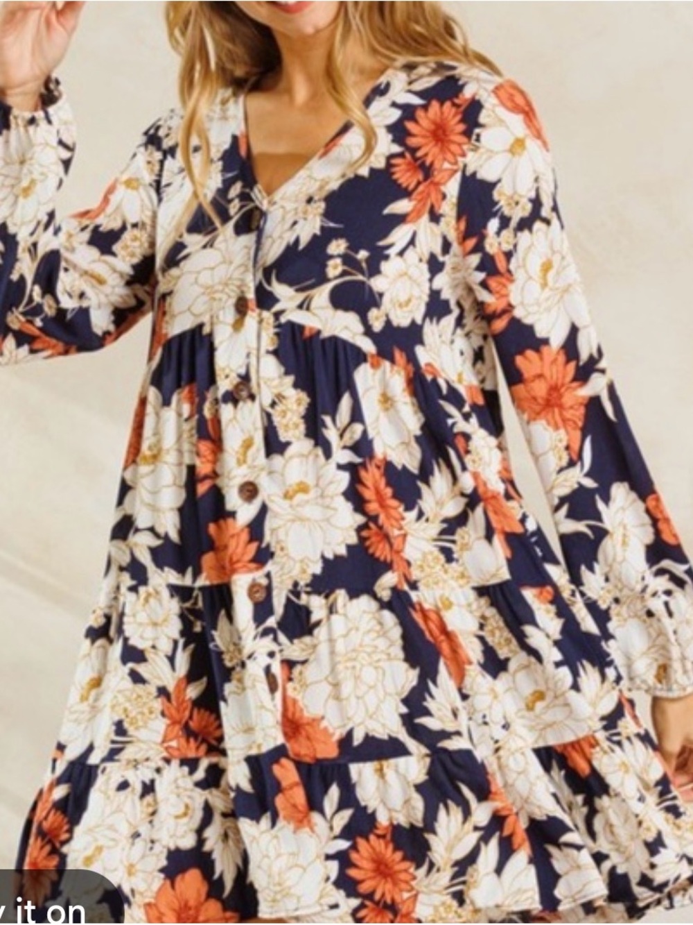 Ces Femme Navy Floral Tiered Button-Front Maxi Dress with Orange Accents